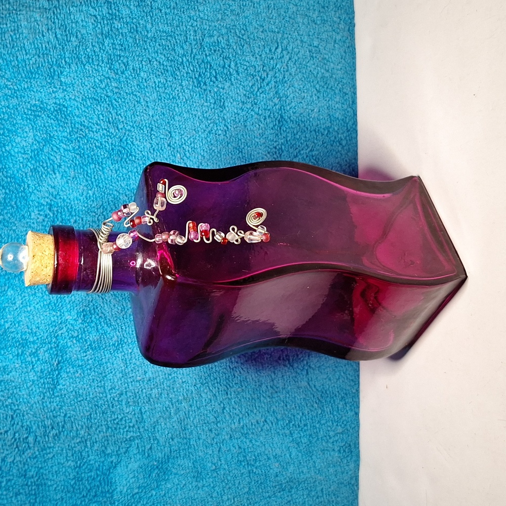 Pink Glass Decorative Bottle, Fushia, Bright Pink, Cute Decor With Beads - Picture 8 of 11